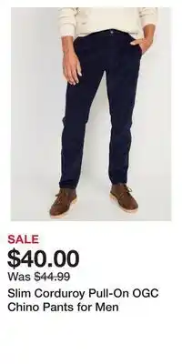 Old Navy Slim corduroy pull-on ogc chino pants for men offer