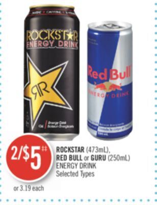 Shoppers Drug Mart Rockstar (473ml), red bull or guru (250ml) energy drink offer