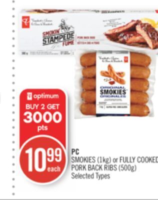 Shoppers Drug Mart Pc smokies (1kg) or fully cooked pork back ribs (500g) offer
