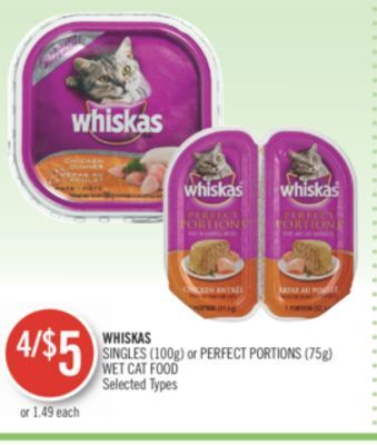 Shoppers Drug Mart Whiskas singles (100g) or perfect portions (75g) wet cat food offer