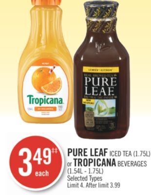 Shoppers Drug Mart Pure leaf iced tea (1.75l) or tropicana beverages (1.54l - 1.75l) offer