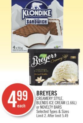 Shoppers Drug Mart Breyers creamery style, blends ice cream (1.66l) or novelty bars offer