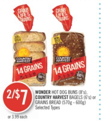 Shoppers Drug Mart Wonder hot dog buns (8's), country harvest bagels (6's) or grains bread (570g - 600g) offer