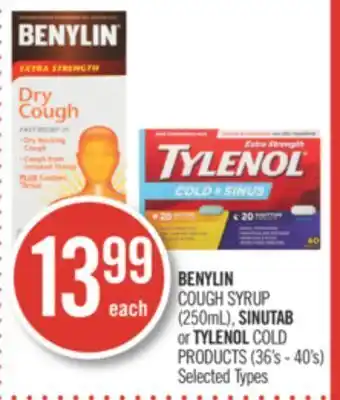Shoppers Drug Mart Benylin cough syrup (250ml), sinutab or tylenol cold products (36's - 40's) offer