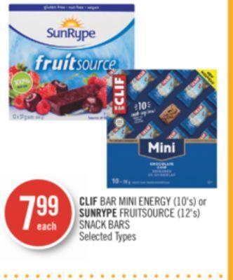 Shoppers Drug Mart Clif bar mini energy (10's) or sunrype fruitsource (12's) snack bars offer