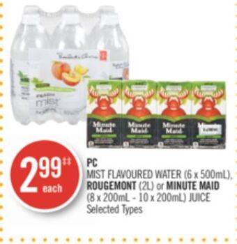 Shoppers Drug Mart Pc mist flavoured water (6 x 500ml), rougemont (2l) or minute maid (8 x 200ml - 10 x 200ml) juice offer