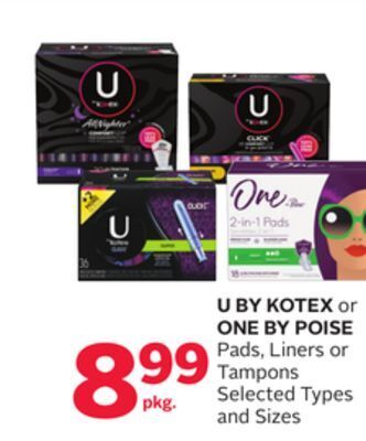 Rexall U by kotex or one by poise pads, liners or tampons offer