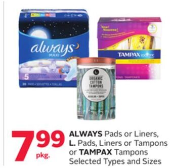 Rexall Always pads or liners, l. pads, liners or tampons or tampax tampons offer