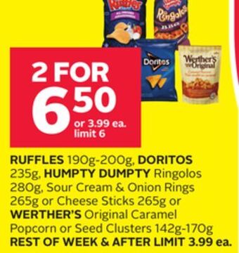 Rexall Ruffles 190g-200g, doritos 235g, humpty dumpty ringolos 280g, sour cream & onion rings 265g or cheese sticks 265g or werther' offer