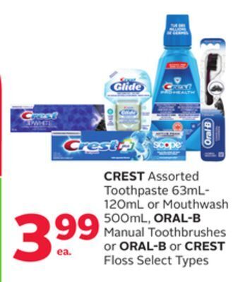 Rexall Crest assorted toothpaste 63ml-120ml or mouthwash 500ml, oral-b manual toothbrushes or oral-b or crest floss offer