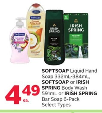 Rexall Softsoap liquid hand soap 332ml-384ml, softsoap or irish spring body wash 591ml or irish spring bar soap 6-pack offer