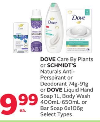 Rexall Dove care by plants or schmidt's naturals anti-perspirant or deodorant 74g-91g or dove liquid hand soap 1l, body wash 400ml-6 offer