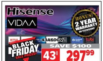 2001 Audio Video Hisense 43" 4k uhd vidaa hdr smart bluetooth tv offer
