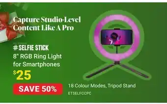 Visions Electronics Selfie stick 8" rgb ring light for smartphones offer