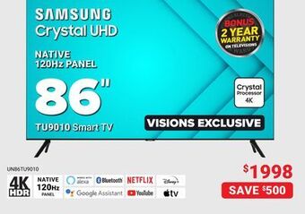 Visions Electronics Samsung crystal uhd native 120hz panel 86" tu9010 smart tv offer