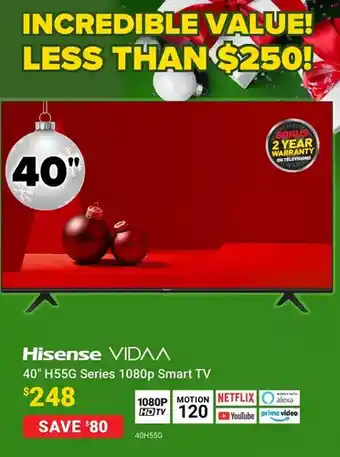 Visions Electronics Hisense vidaa 40" h55g series 1080p smart tv offer