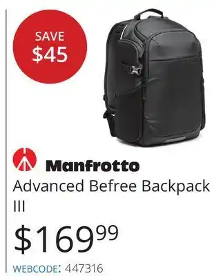Vistek Manfrotto advanced befree backpack iii offer