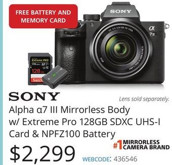Vistek Sony alpha α7 iii mirrorless body w/extreme pro 128gb sdxc uhs-i card & npfz100 battery offer