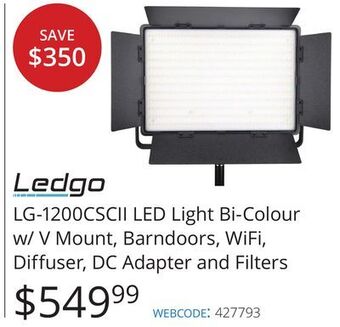 Vistek Ledgo lg-1200cscii led light bi-colour w/ v mount, barndoors, wifi, diffuser, dc adapter and filters offer