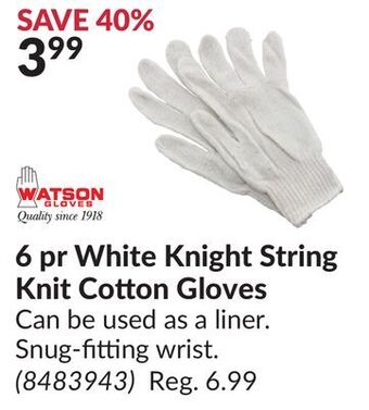 Princess Auto White knight string knit cotton gloves offer