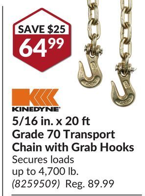 Princess Auto 5/16 in. x 20 ft grade 70 transport chain with grab hooks offer