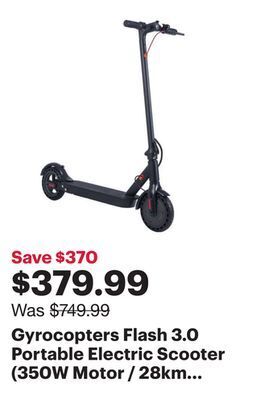 Best Buy Gyrocopters flash 3.0 portable electric scooter (350w motor / 28km range / 25km/h top speed) offer
