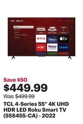 Best Buy Tcl 4-series 55" 4k uhd hdr led roku smart tv (55s455-ca) - 2022 offer