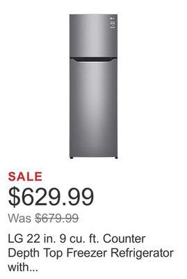 Costco Lg 22 in. 9 cu. ft. counter depth top freezer refrigerator with multi-air flow offer