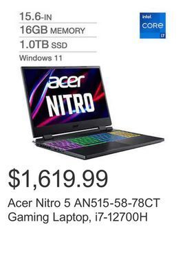Costco Acer nitro 5 an515-58-78ct gaming laptop, i7-12700h offer