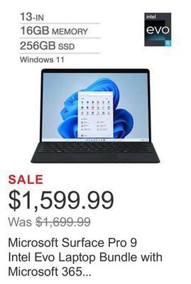 Costco Microsoft surface pro 9 intel evo laptop bundle with microsoft 365 personal 1-year, i5-1235u offer