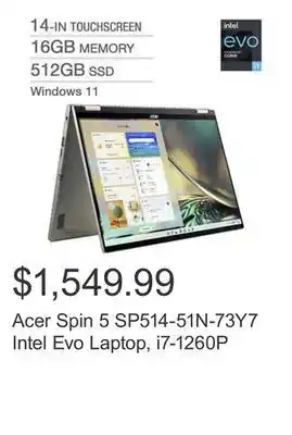 Costco Acer spin 5 sp514-51n-73y7 intel evo laptop, i7-1260p offer