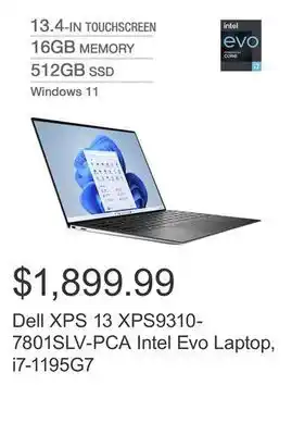 Costco Dell xps 13 xps9310-7801slv-pca intel evo laptop, i7-1195g7 offer