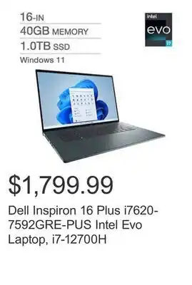 Costco Dell inspiron 16 plus i7620-7592gre-pus intel evo laptop, i7-12700h offer