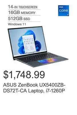 Costco Asus zenbook ux5400zb-ds72t-ca laptop, i7-1260p offer