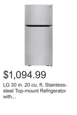 Costco Lg 30 in. 20 cu. ft. stainless-steel top-mount refrigerator with multi-air flow cooling and led lighting offer