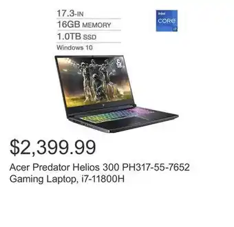 Costco Acer predator helios 300 ph317-55-7652 gaming laptop, i7-11800h offer