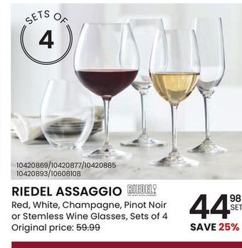 Stokes Riedel assaggio red, white, champagne, pinot noir or stemless wine glasses, sets of 4 offer