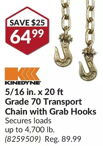 Princess Auto Kinedyne 5/16 in. x 20 ft grade 70 transport chain with grab hooks offer
