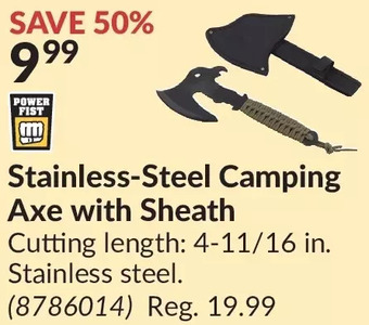 Princess Auto Power fist stainless-steel camping axe with sheath offer