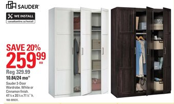 Canadian Tire Sauder 3-Door Wardrobe. White or Cinnamon Finish offer