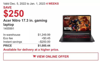 Costco Acer nitro 17.3 in. gaming laptop offer