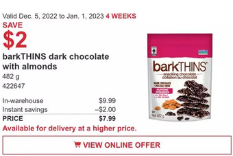 Costco Barkthins dark chocolate with almonds offer