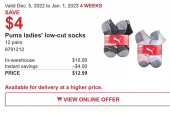 Costco Puma ladies' low-cut socks offer