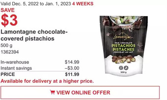 Costco Lamontagne chocolate covered pistachios offer