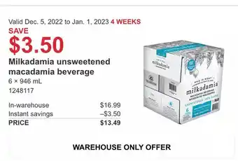 Costco Milkadamia unsweetened macadamia beverage offer