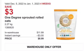 Costco One degree sprouted rolled oats offer