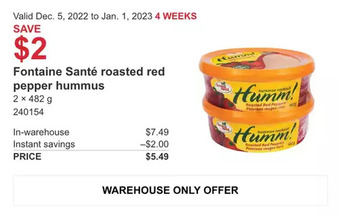 Costco Fontaine sante roasted red pepper hummus offer