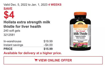 Costco Holista extra strength milk thistle for liver health offer
