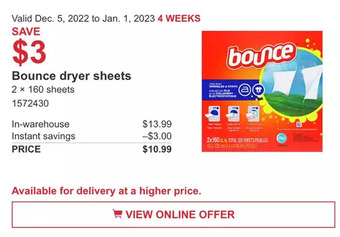 Costco Bounce dryer sheets offer
