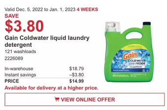 Costco Gain coldwater liquid laundry detergent offer